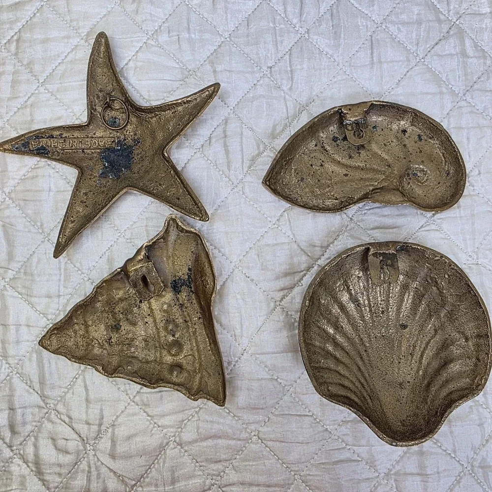 Vintage MCM Solid Brass Sea Shells Starfish Wall Hanging Decor Set of 4 Art Deco